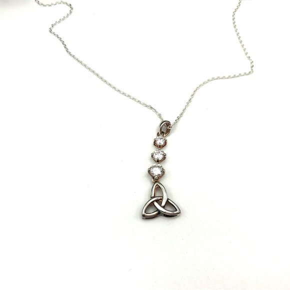 Vintage Celtic Trinity Knot Pendant Necklace With Crystals On Silver Chain - Picture 1 of 7